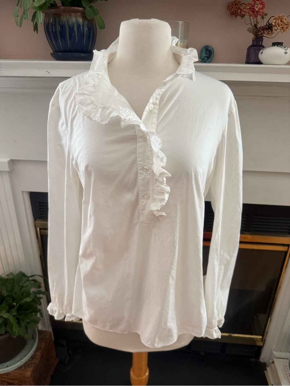 Tory Burch White Ruffle-Trim Long Sleeve Blouse Size 6